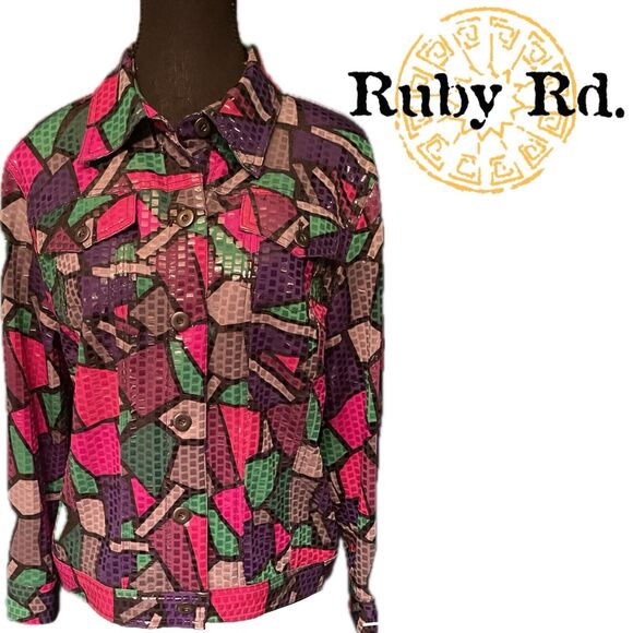 Ruby Rd Sequined Color Blocked Long Sleeve Patchwork Artsy Boho Button Jacket 12 - Picture 1 of 8